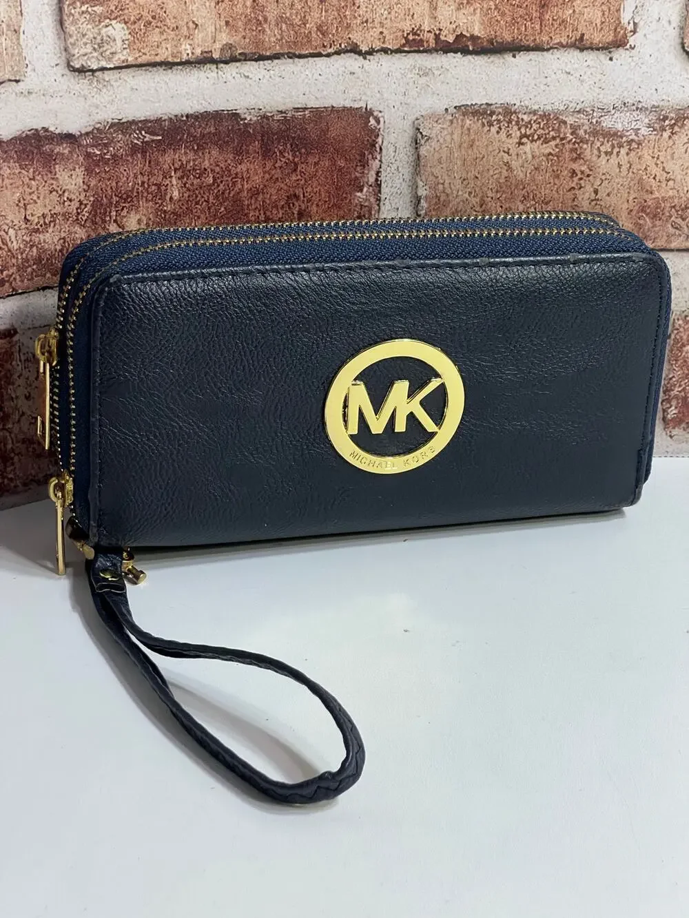 Michael Kors Navy Blue Pebble Grain Leather Zipper Closure Wristlet Wallet